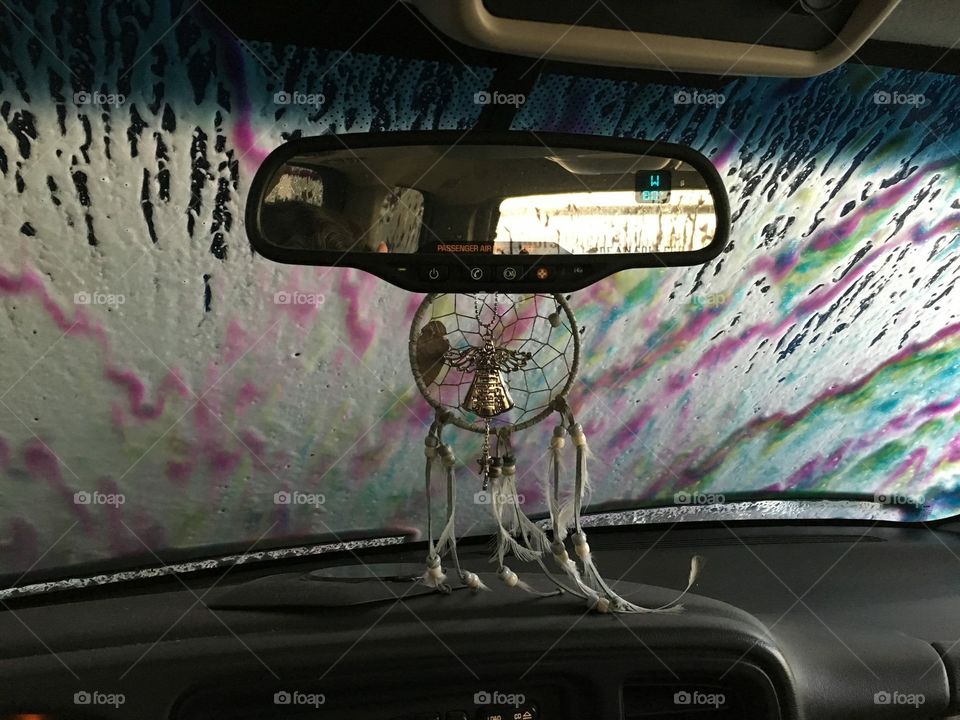 Car wash, Angel, rainbow on my windshield, colored foam