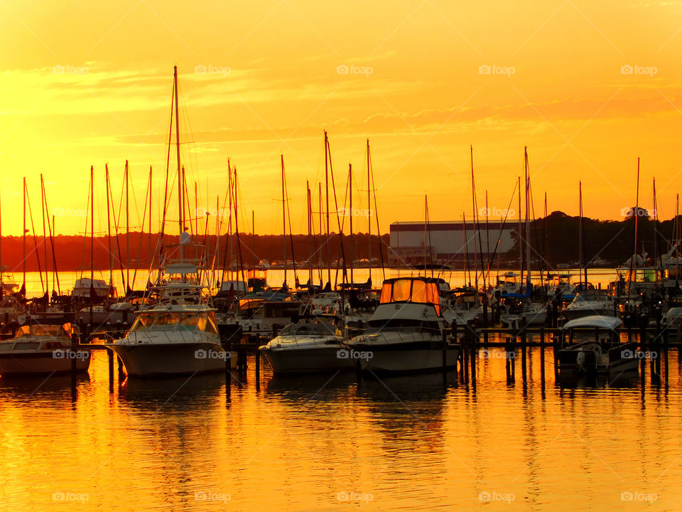 Sailboats moored at harbor during sunset