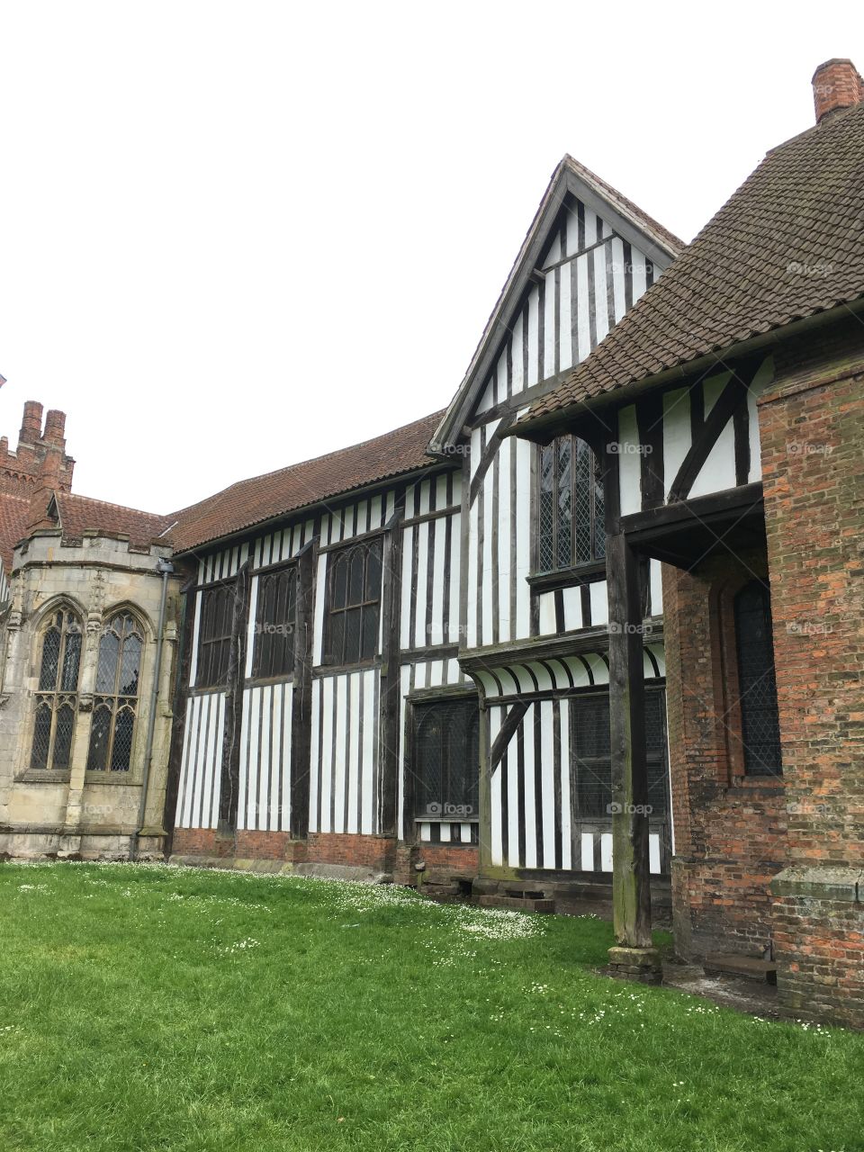 Exterior view of brickwork and timber framing of the medieval Manor House at Gainsborough Old Hall