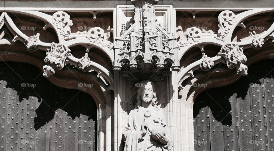 Detail of sculptures on the cathedral of Antwerp, Belgium.