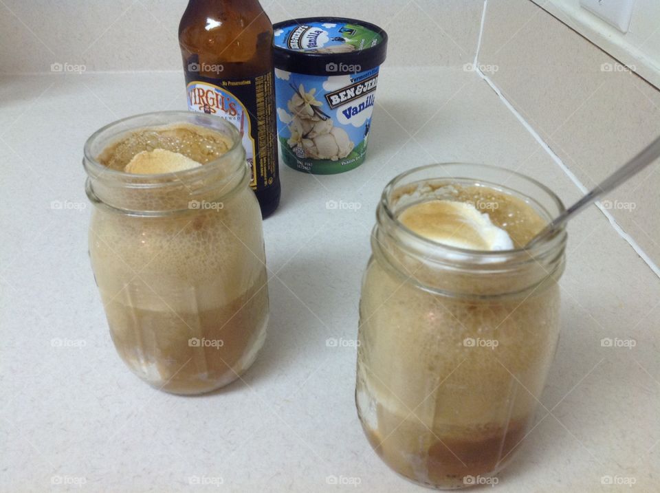 Root beer float and a toasted marshmallow.  