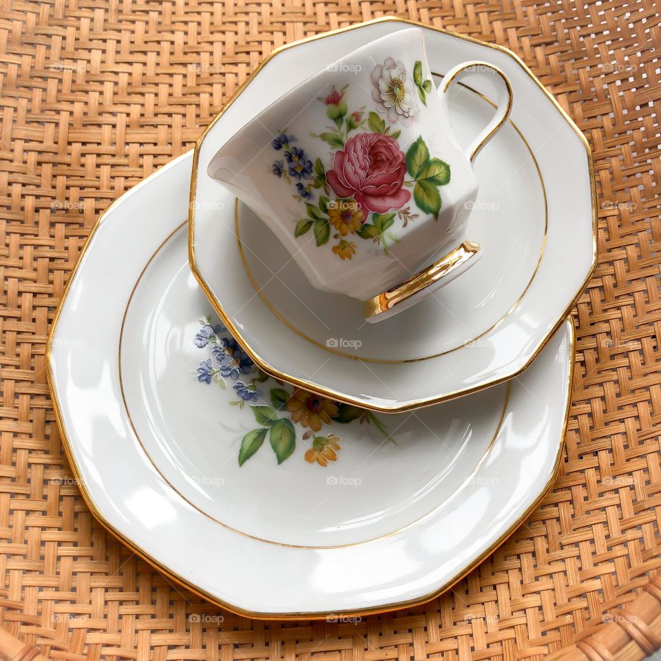 Antique porcelain coffee cup saucer plate 