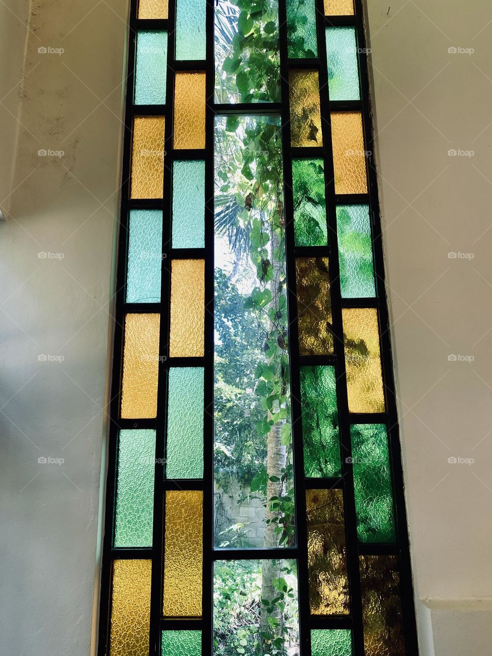 A stained glass window in a church