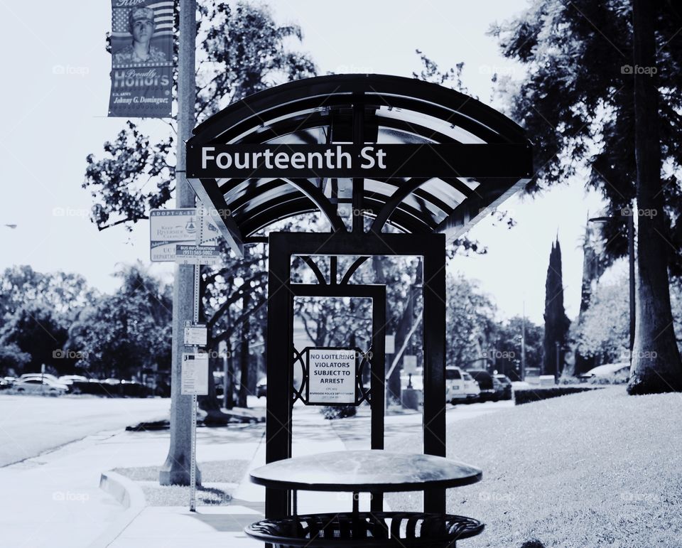 A Bus stop on the street I n Downtown Riverside California 