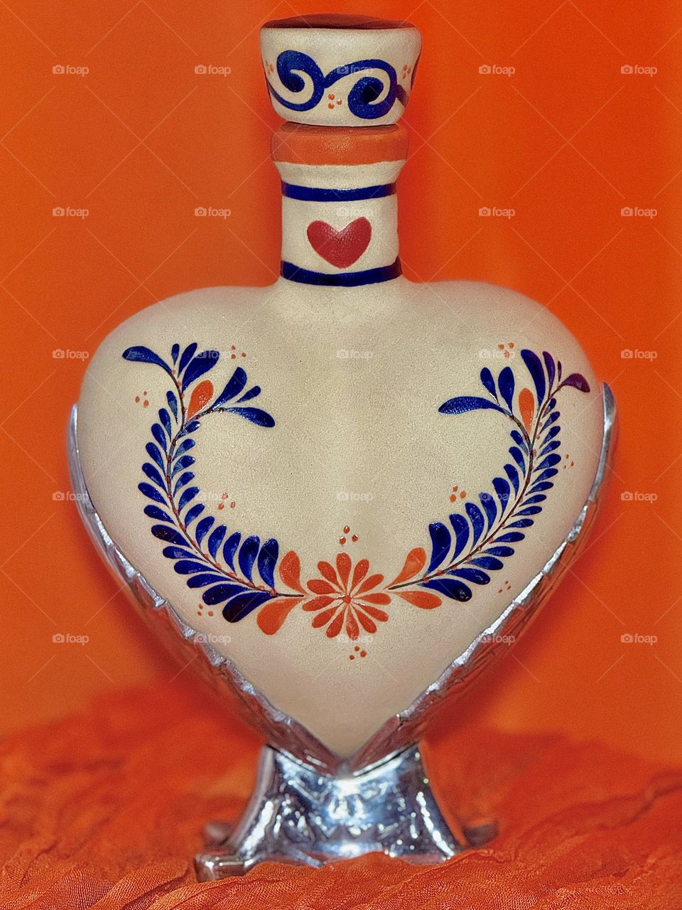 Orange and Blue Ceramic Heart Bottle