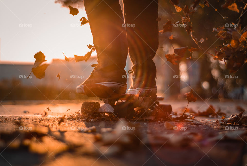 Boy riding on a skateboard in the city with autumn leaves around him and the sunset behind him.