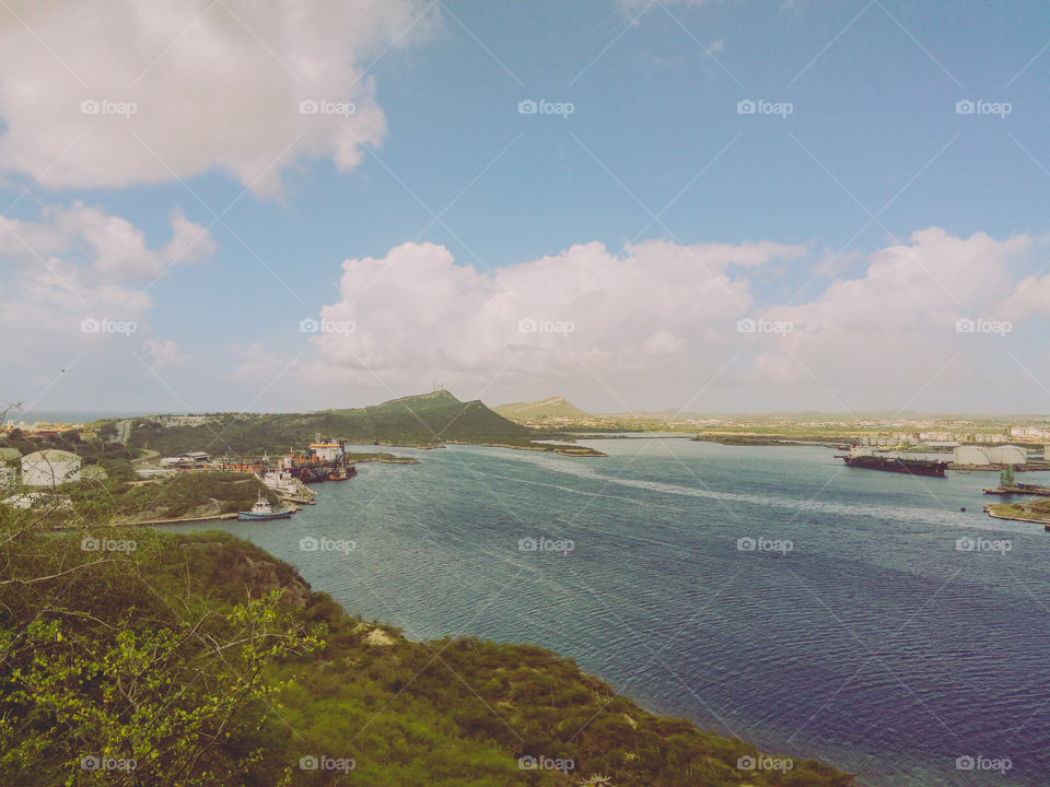 birds eye view of the harbor with cloudy skies
