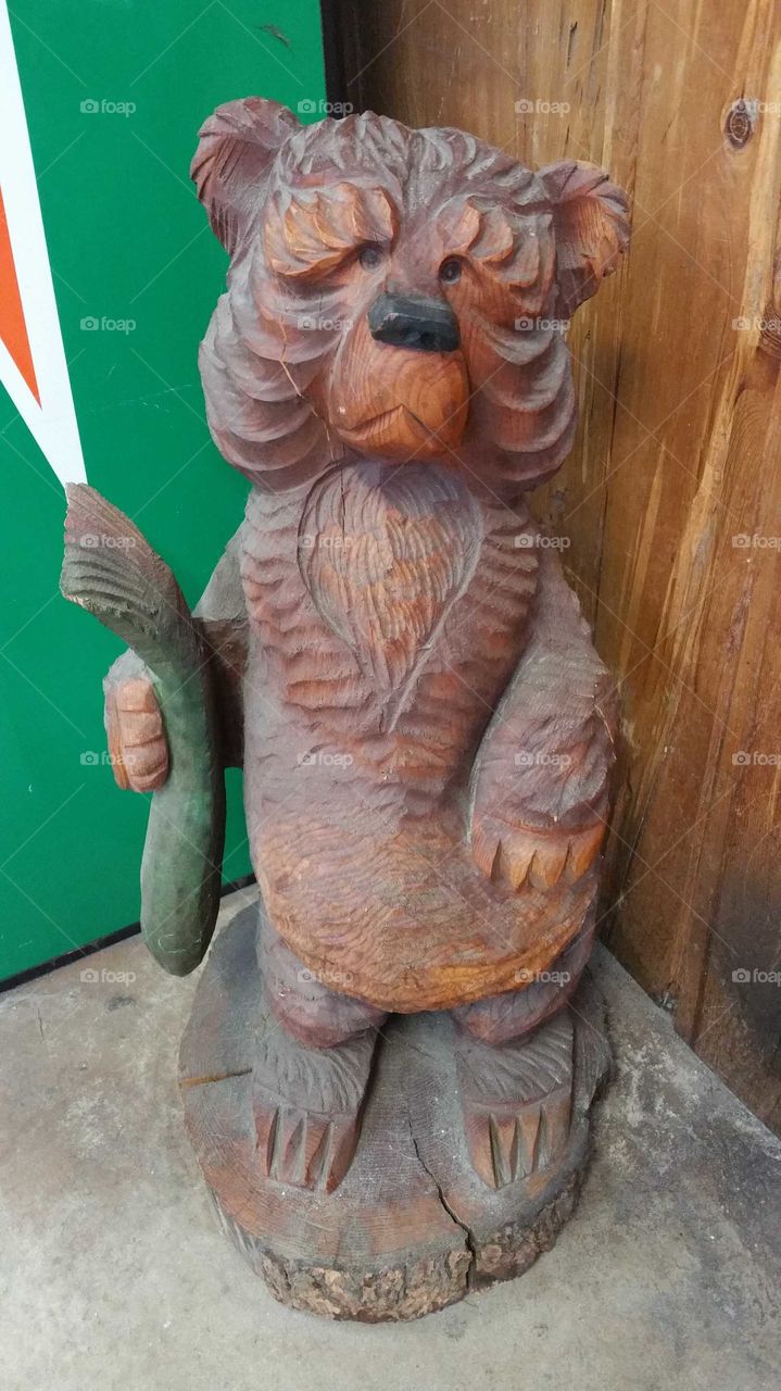 Wood Bear Statue Holding Fish