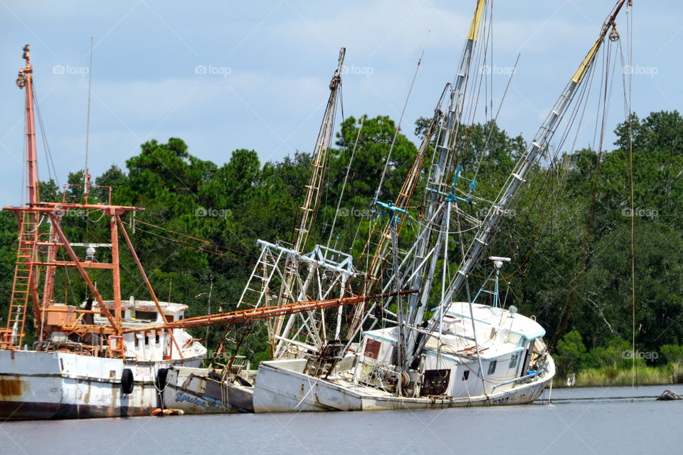 View of sunken shrimp boats in river