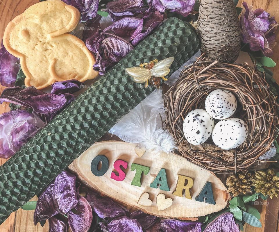 Flat lay theme of Ostara, the Wiccan spring festival 