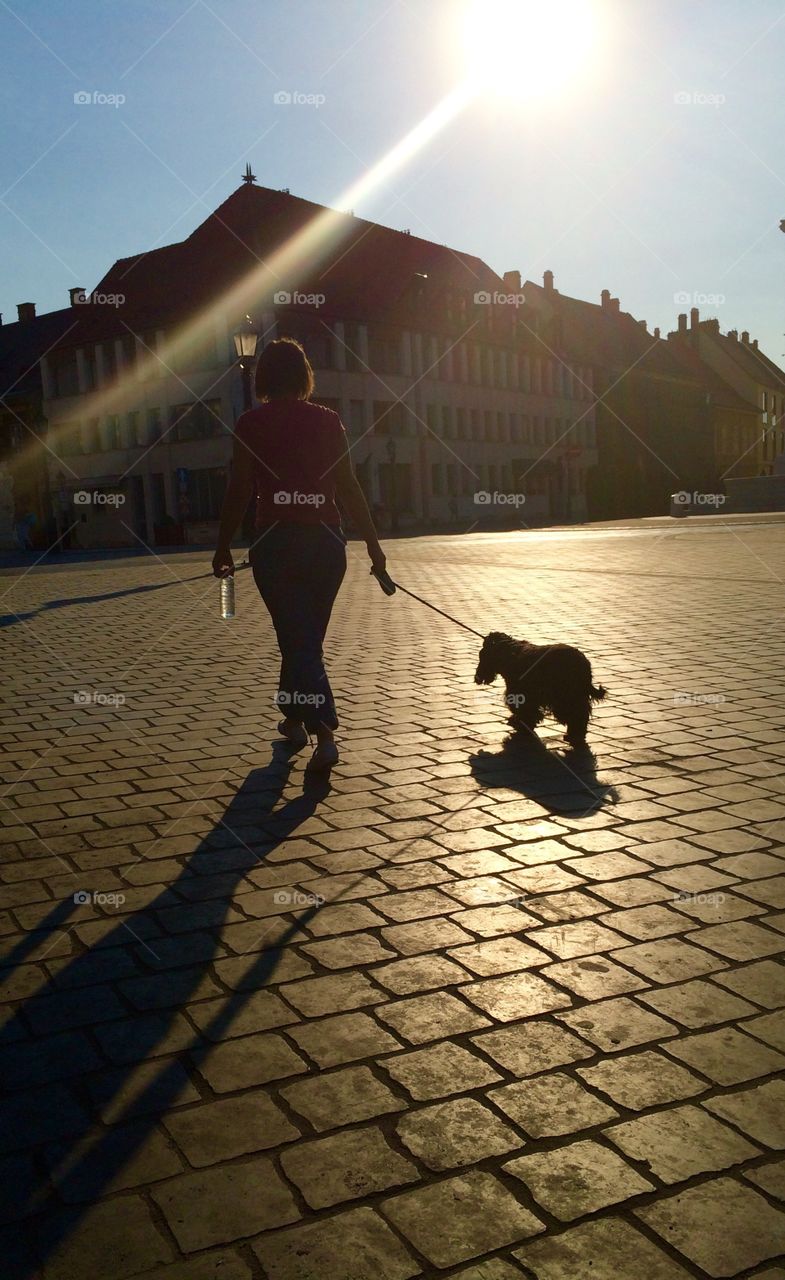 I was sat reading a book when the shadows of passers by caught my eye . I took this shot of a dog walker and love the details of the  sunbeam (which I never noticed at the time) and also the water bottle held in her hand.