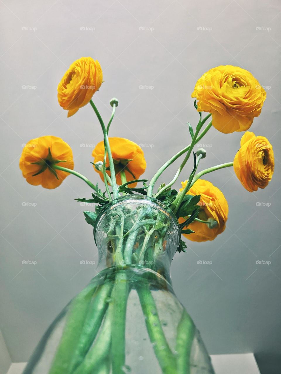 Top view of yellow blooming flowers in a vase at a cozy home. Ranunculus