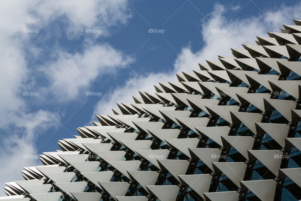 Sunshades in Singapore. Spiky sunshade design in Singapore. Esplanade building. Futuristic looking. Abstract design. Roof cover
