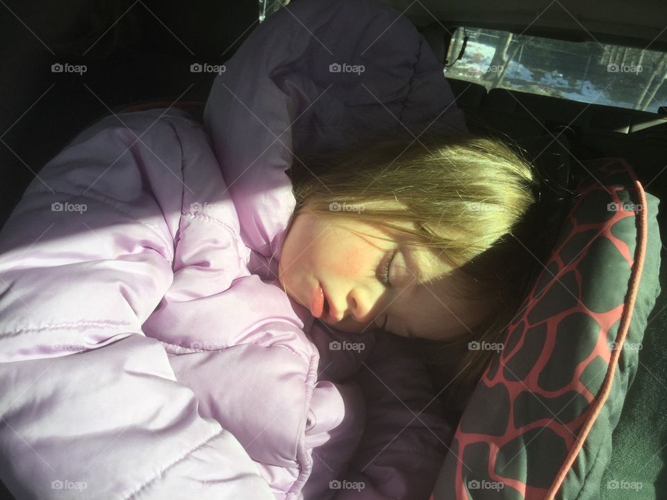 Down syndrome, girl, car, asleep