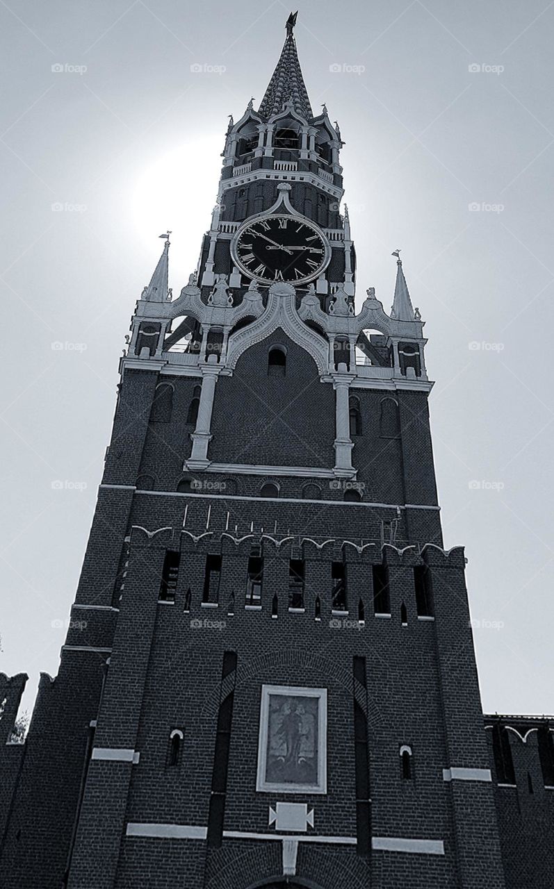 Moscow.  Russia.  Historical landmark.  The Red Square.  Spasskaya Tower.  Black and white photo.