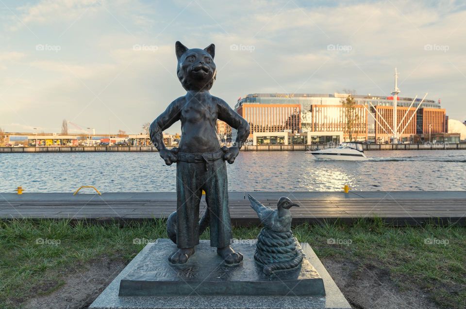 Sculpture of Cat Sailor (Polish: Kot Zeglarz) on river Odra embankment. This character is present in the local maritime and nautical folklore. Szczecin, Poland.