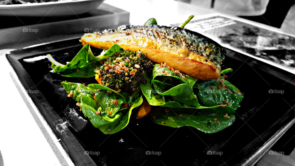 Grilled mackerel roast butternut broccoli and spinach with quinoa