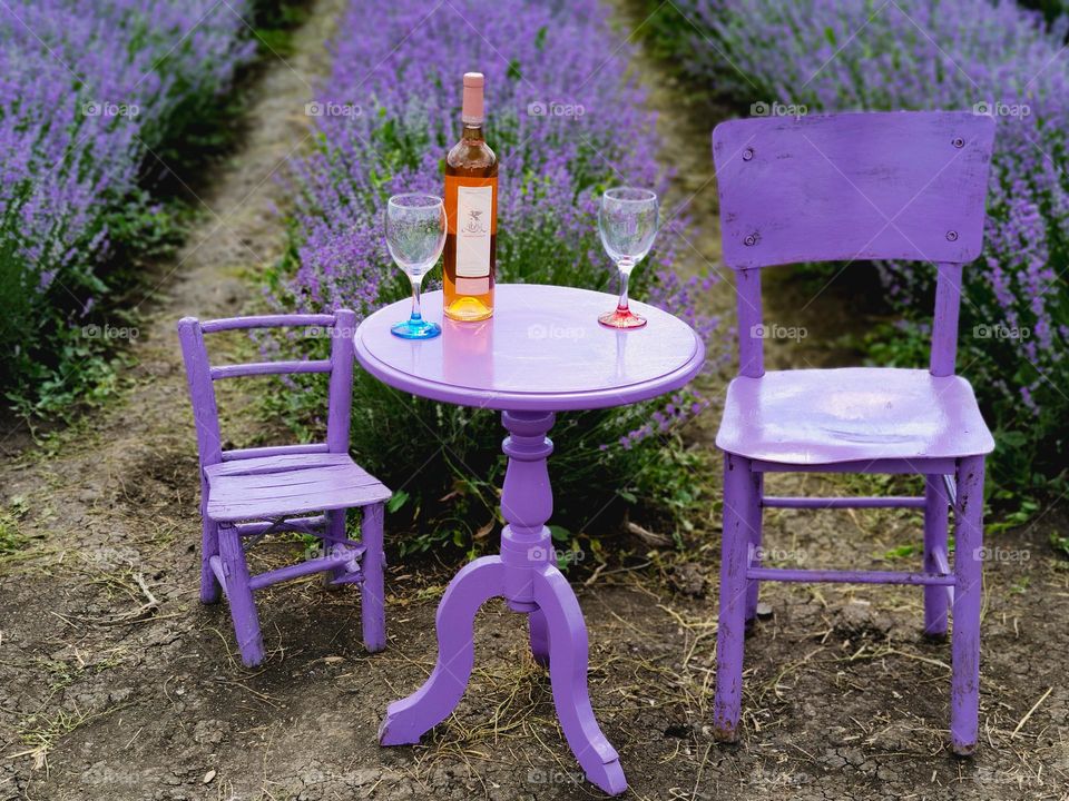 Wine set in the lavender field