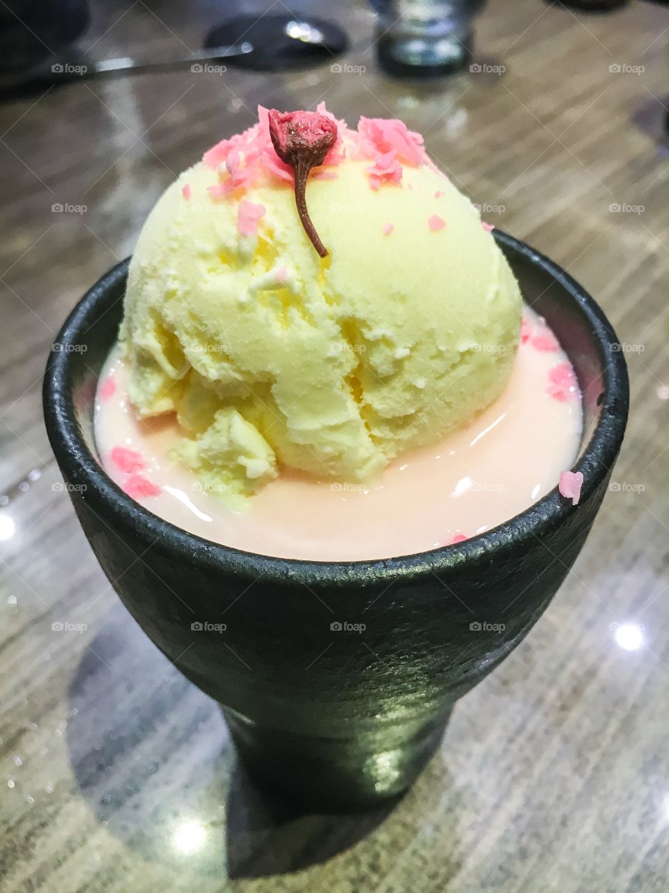 Sakura latte with ice cream