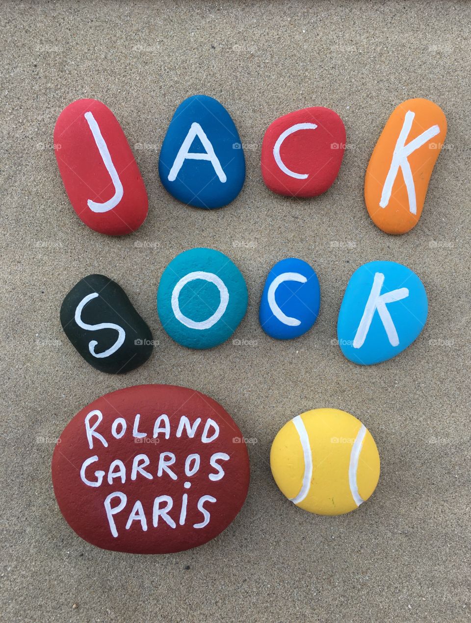 Jack Sock, USA professional tennis player at Roland Garros, souvenir on colored stones 