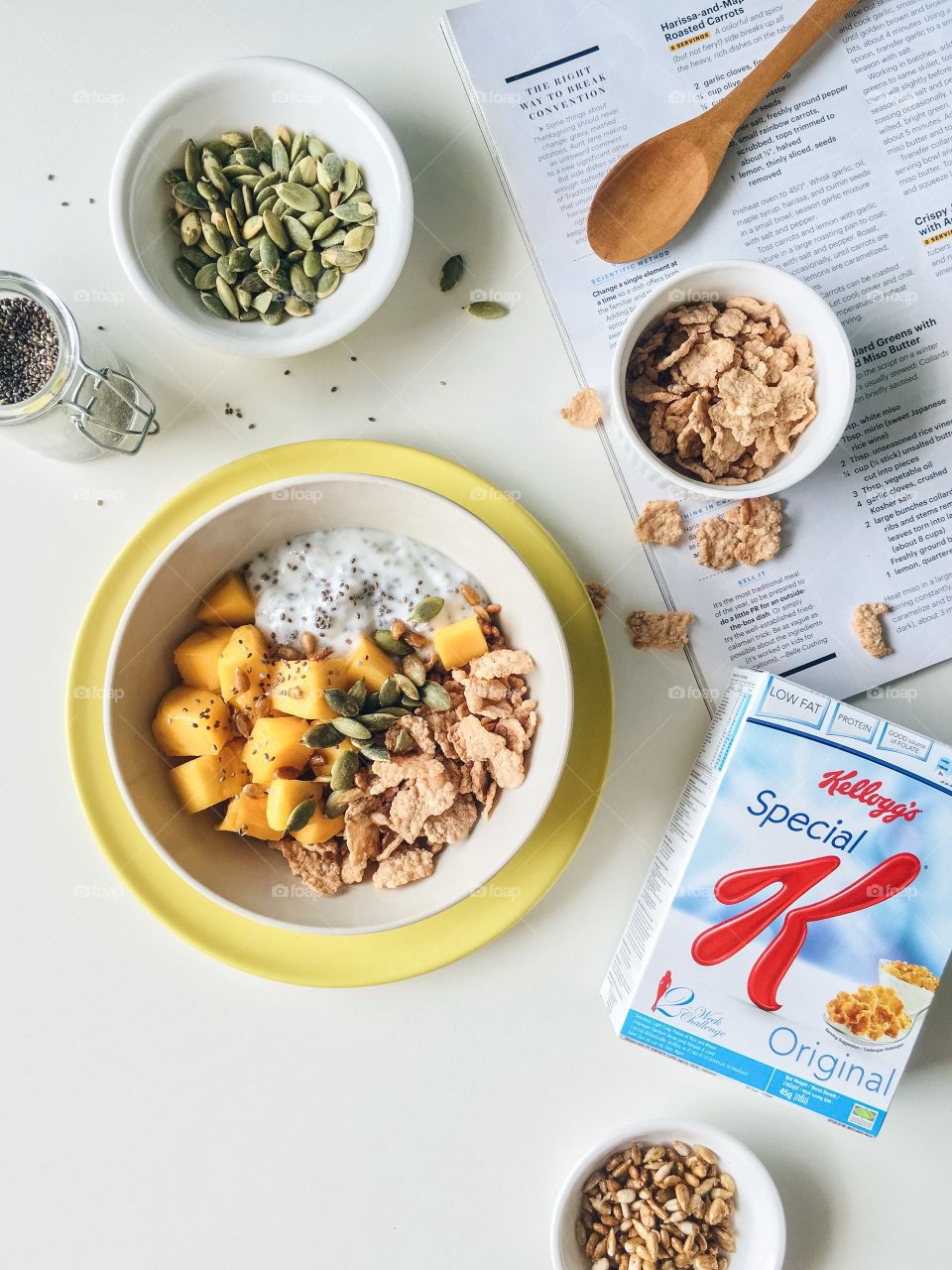 Reimagining cereal : Healthy breakfast bowl with Kellogg's Special K chia pudding and mango.
(Ingredients : Kellogg's Special K, yogurt, chia seed and mango top with pumpkin seeds and sunflower kernels )
