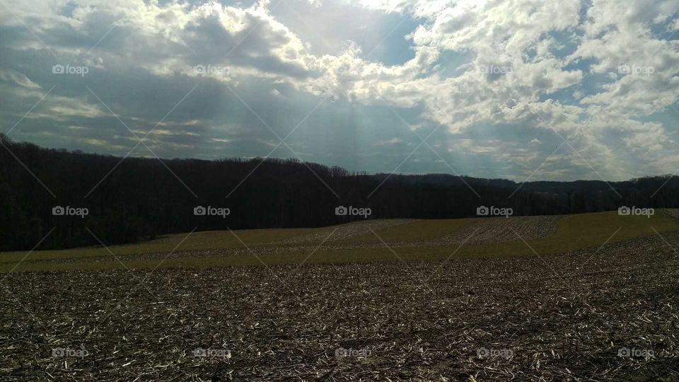 Perfect mix of cloud cover and bright sunbeams over a fall field.