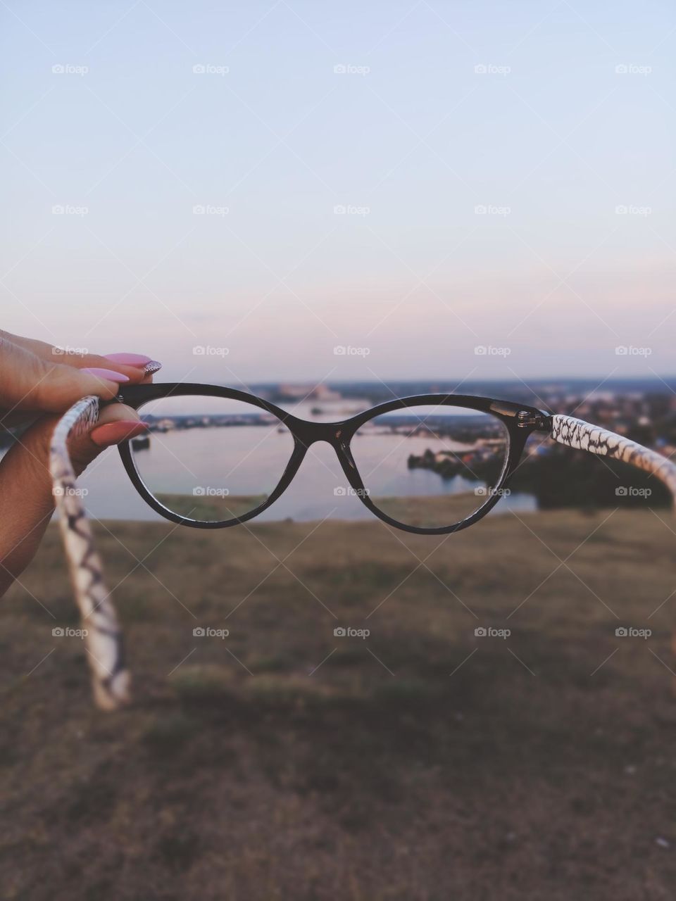 landscape through glasses, view from the mountain to the pond, nature, aoda, mountains, glasses, through glasses, through glass, landscape, pond, summer