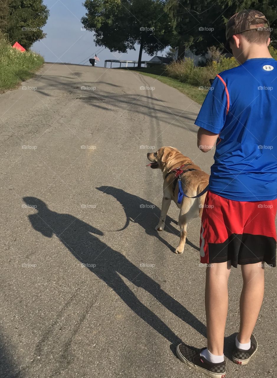 Young boy waking his dog