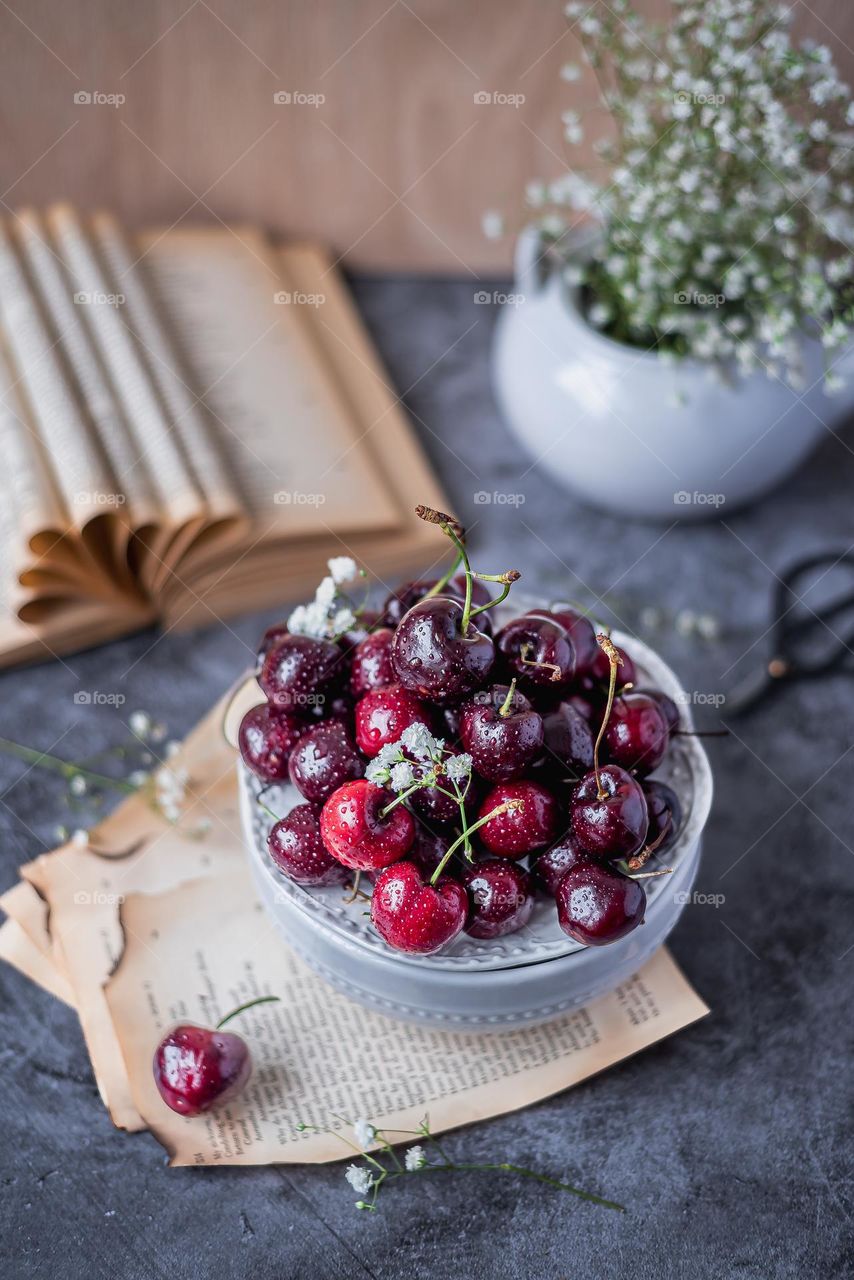 Cherries in white bowl