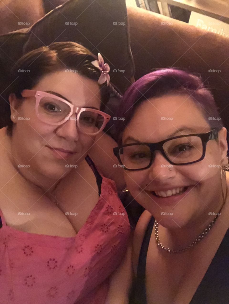 Lesbian couple purple hair glasses stylish 