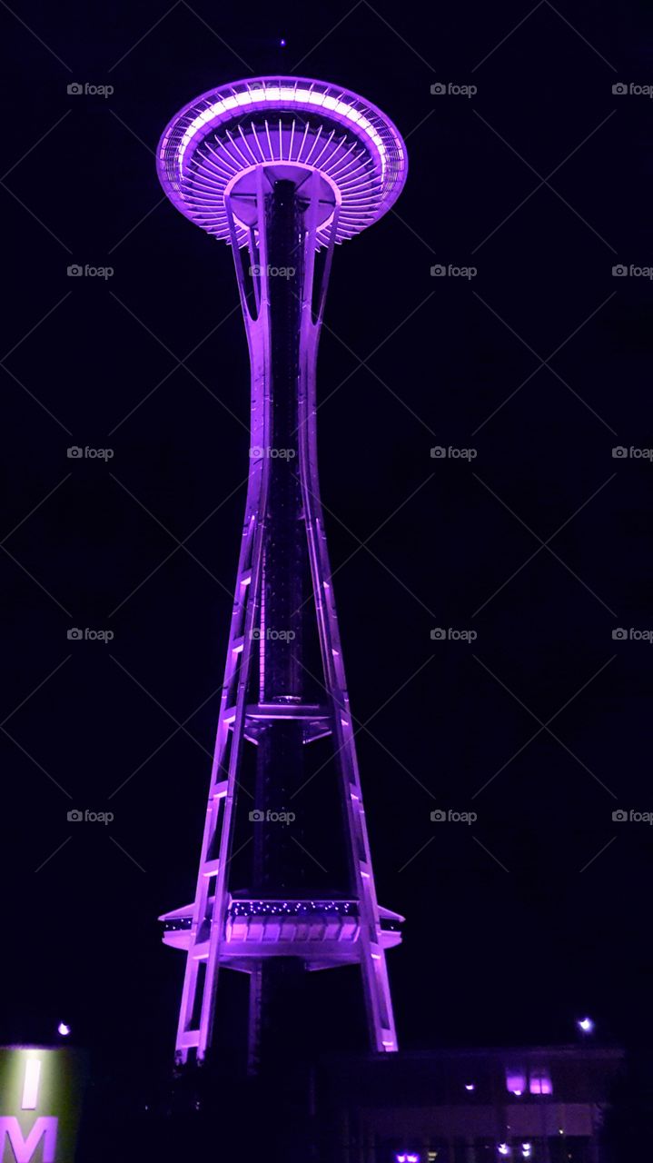 The Seattle Space Needle awash in purple. Shortly after the unfortunate passing of Prince, the Laser Dome at Seattle Center held a special laser light & music show featuring the music of Prince, in his honor. Photo was taken during the event, and edited by colorizing.