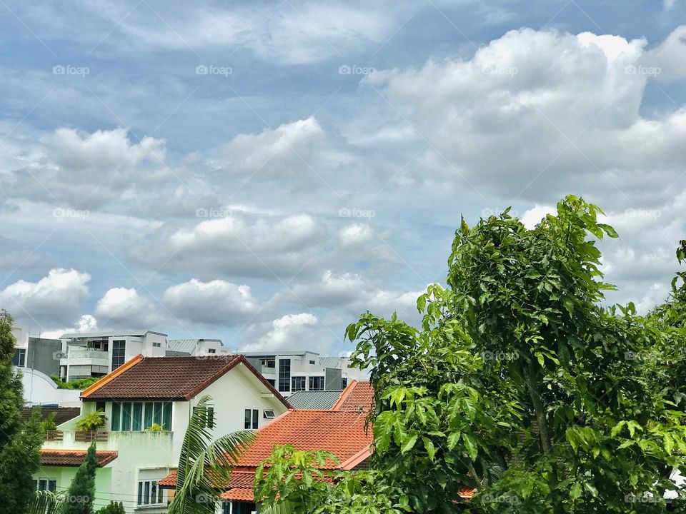 A bunch of clouds passing in the sky, below the clouds an ancient individual houses with greenery looks so beautiful 😍