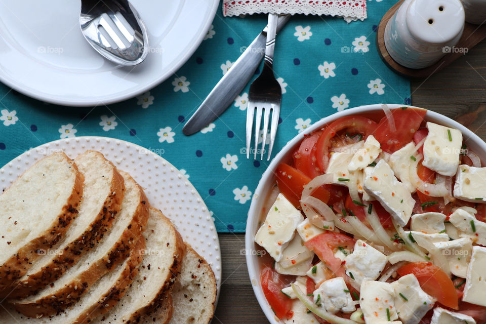 Tomato Cheese salad and freshly baked bread