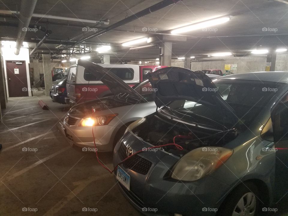 jumping car in parking garage