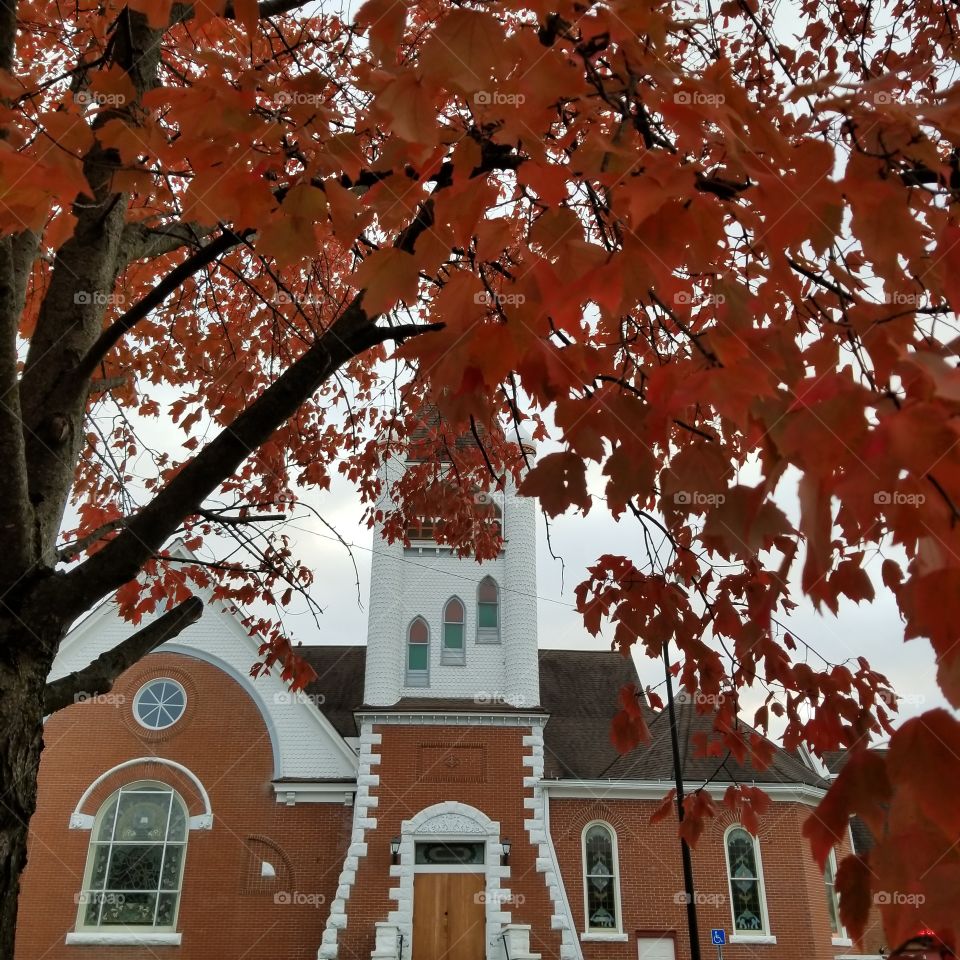 Fall blooms over the Methodist Church in small town America