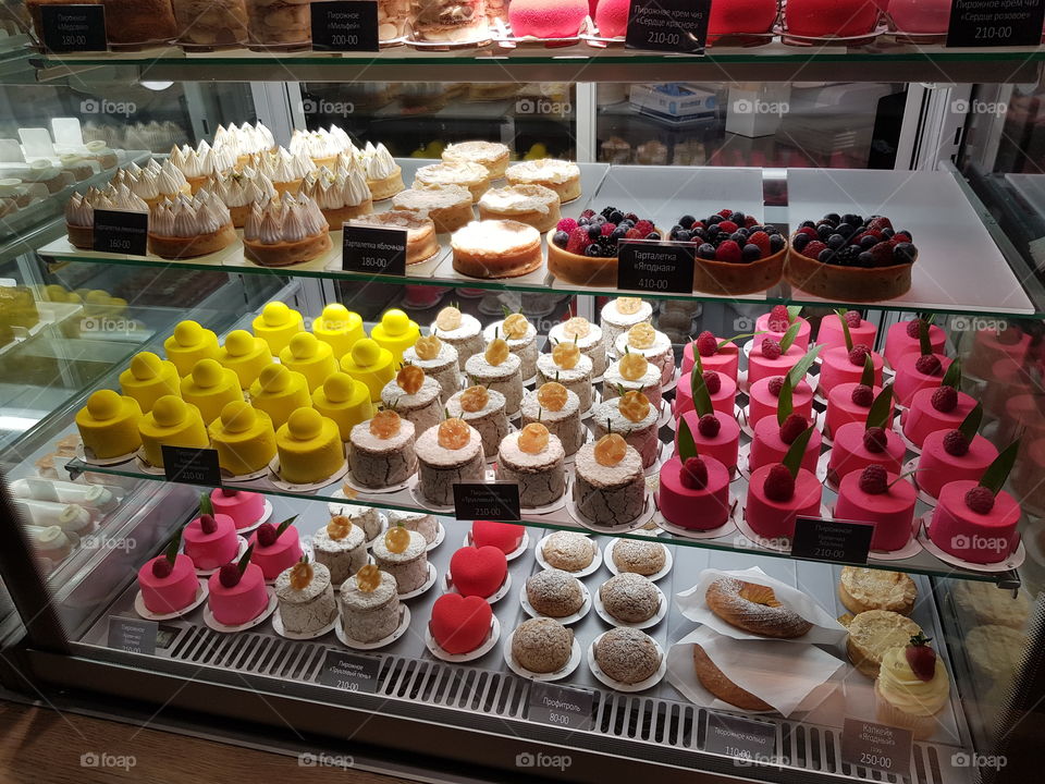 Colourful display of beautiful cakes and desserts