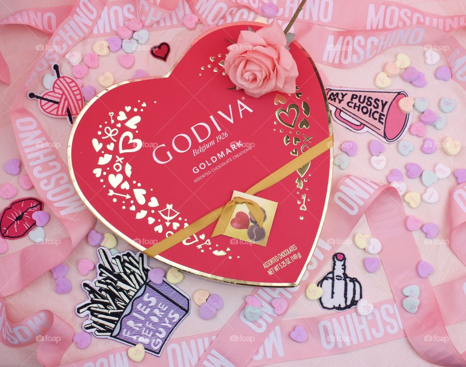 Godiva Valentine’s Day chocolate flat lay 