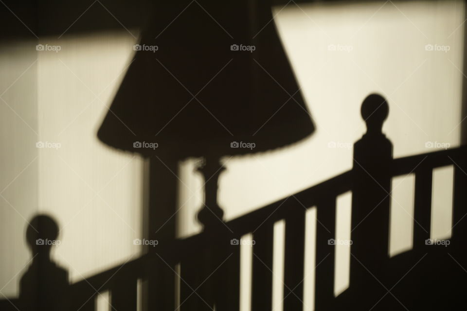 A lamp casts its shadow on the wall. 
