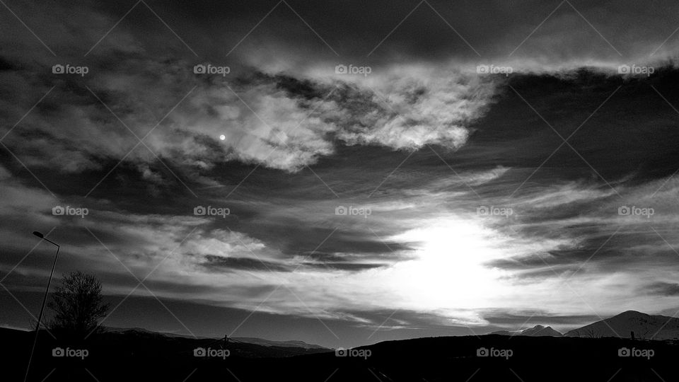 black and white sunset