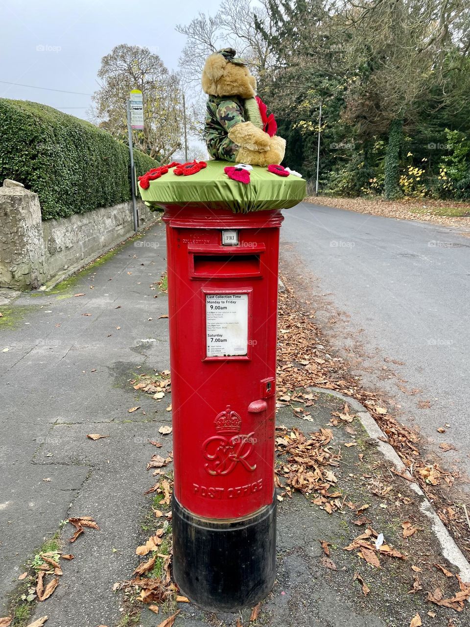 Pillar box adorned with poppies for Remembrance Sunday … lest we forget 