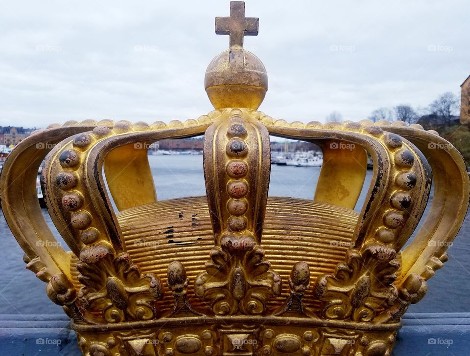 Gilded crown on Skeppsholmsbron in Stockholm, Sweden.