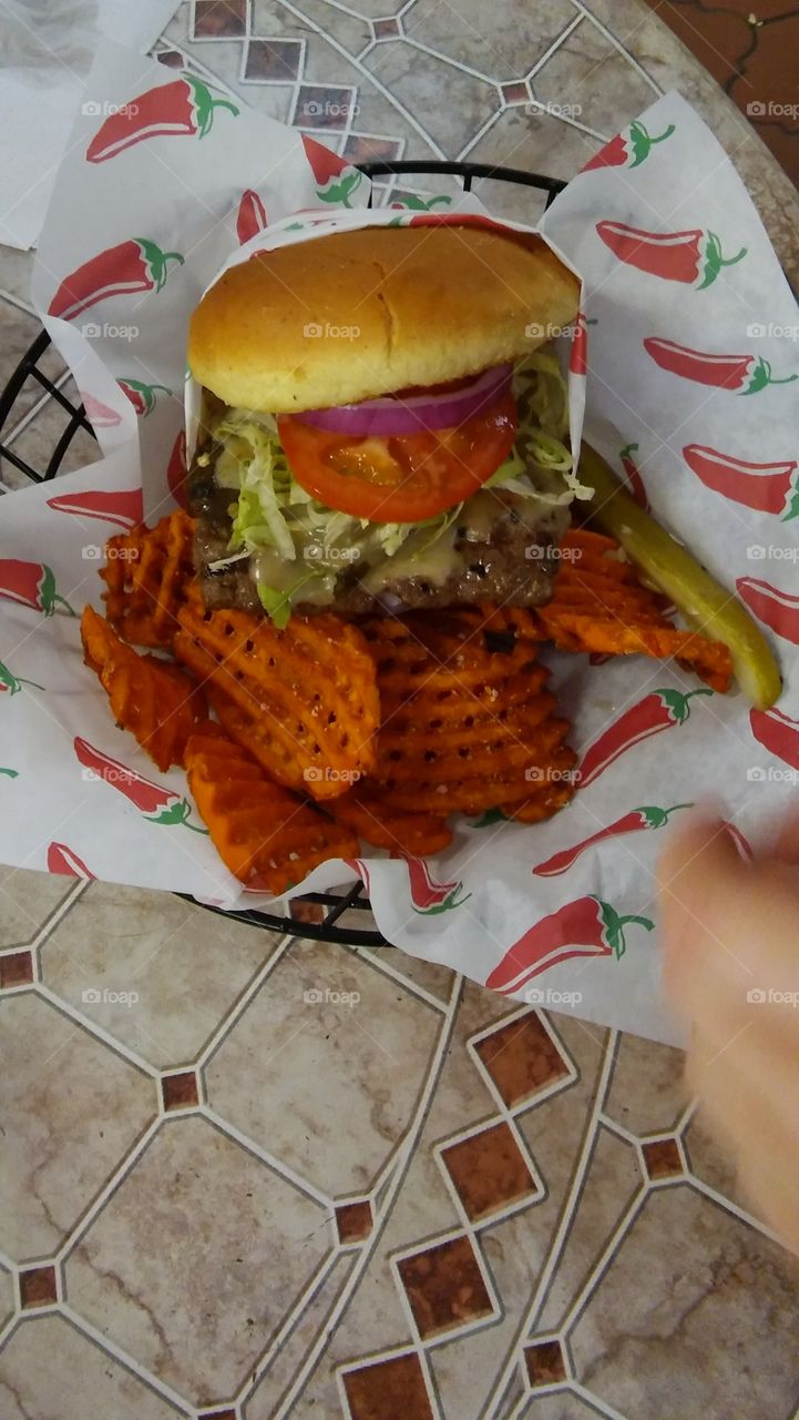 Green Chili and Ghost Pepper Burger, Sweet Potato Fries and Pickle at Hall of Flame, Ruidoso, New Mexico.