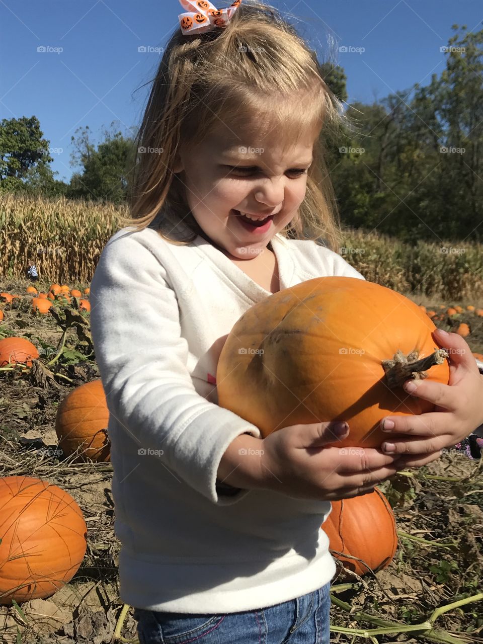 Adorable toddler carrying small orange pumpkin 
