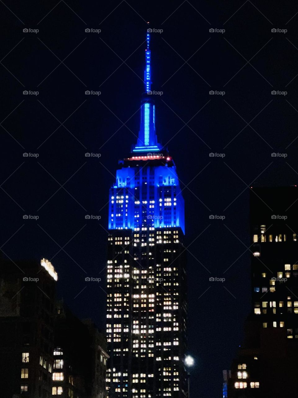 The Lighting Display of the iconic Empire State Building brightens up the New York City night sky. 