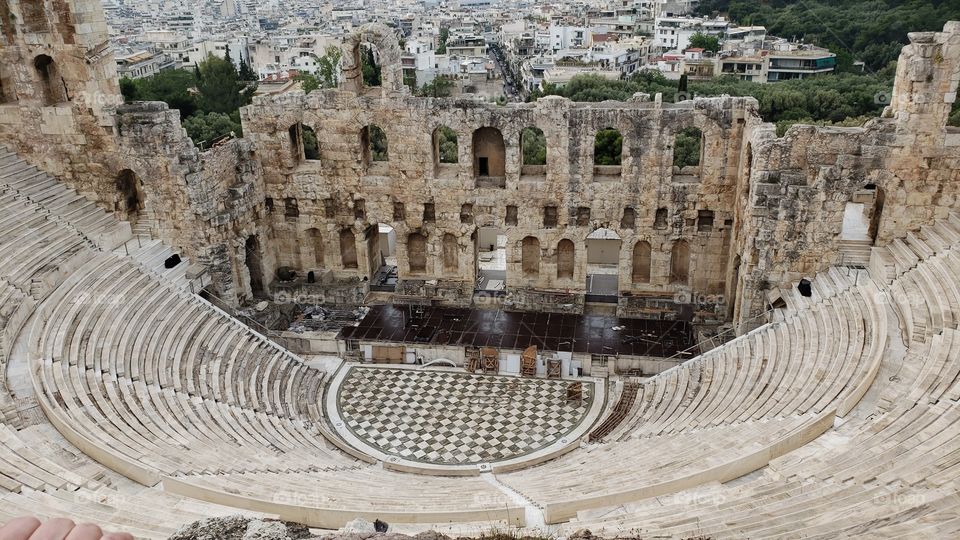 View from above, The Odeon of Herodes Atticus, old ruins of famous theatre in Athens, Greece, Europe