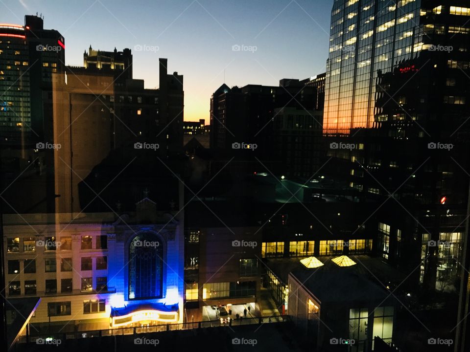 As the sun sets, the lights of downtown KC come on. You never know what color schemes will light up the towering buildings and local venues. 