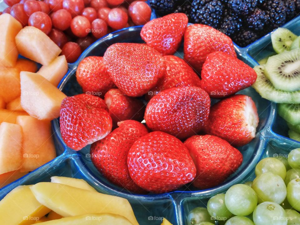 Assortment Of Fresh Fruit For Healthy Snacking. Tray Of Fresh Fruit
