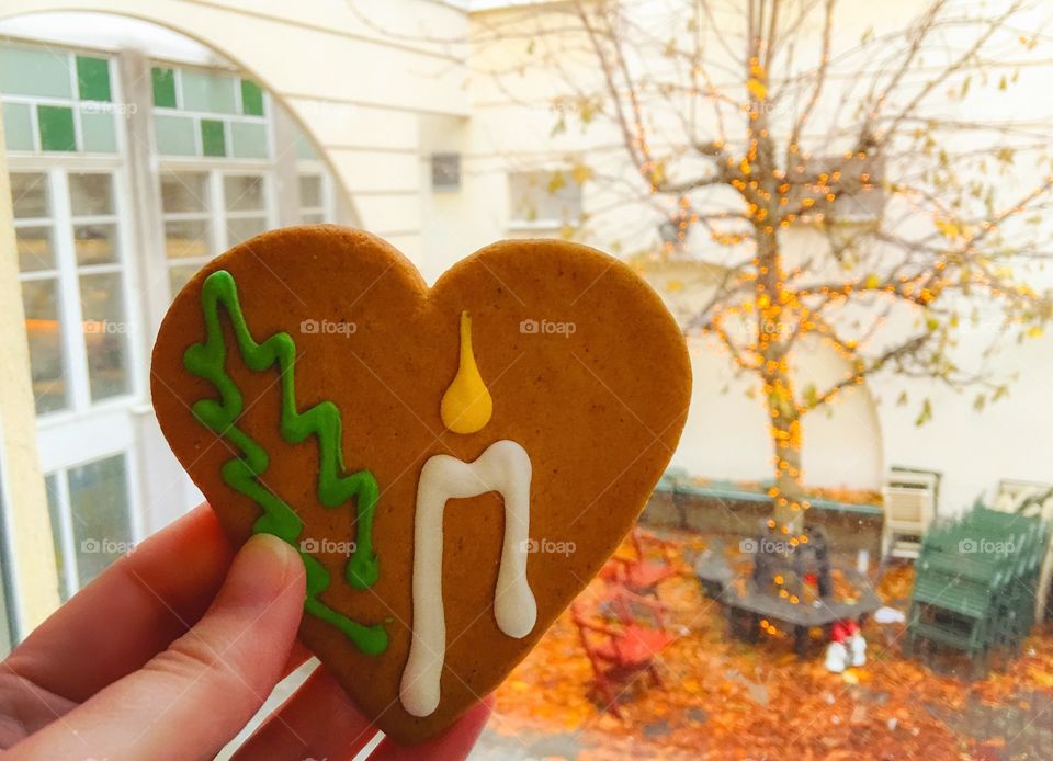 A person holding gingerbread cookie