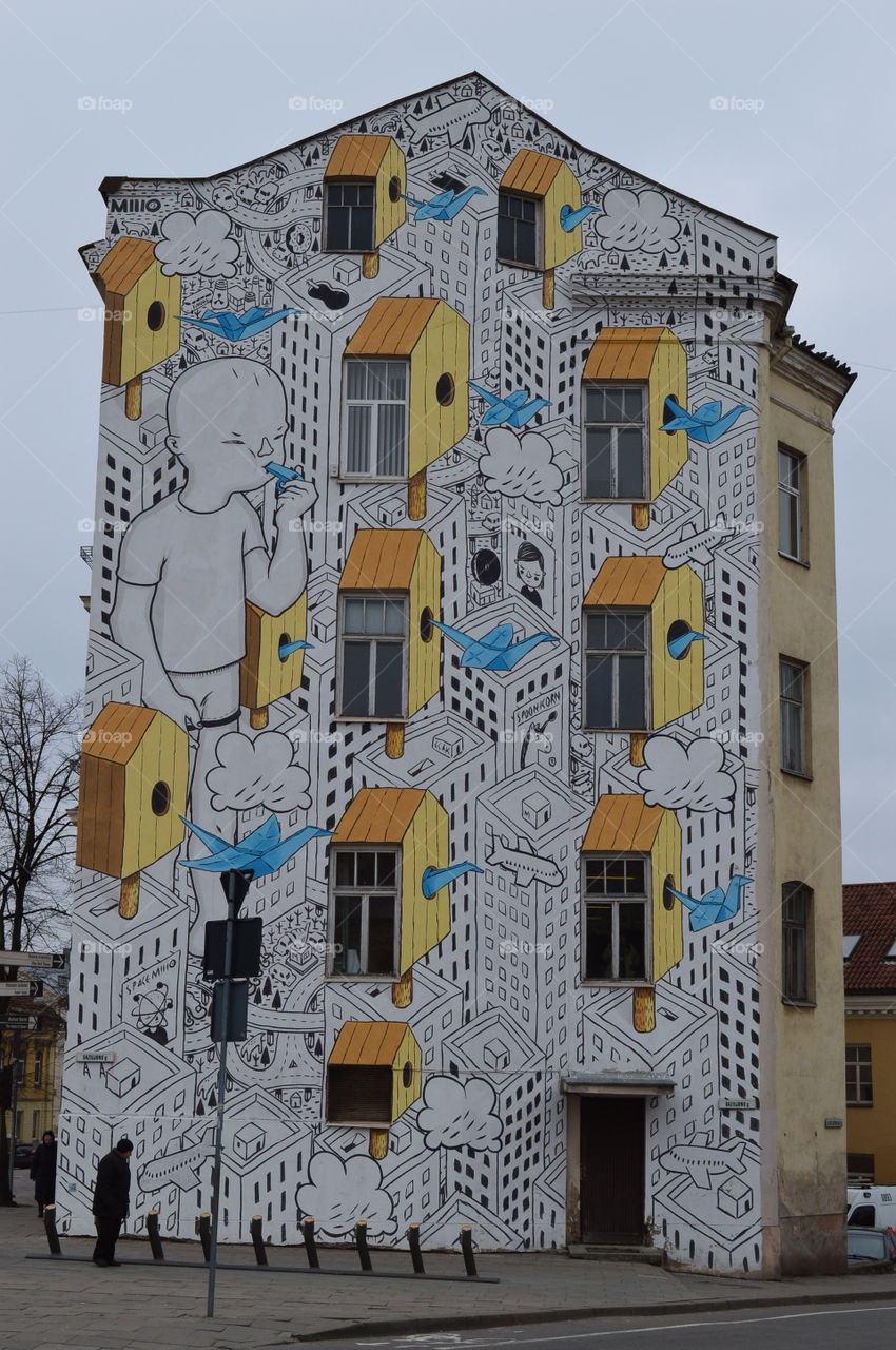 huge painting, graffiti on house side wall. Vilnius