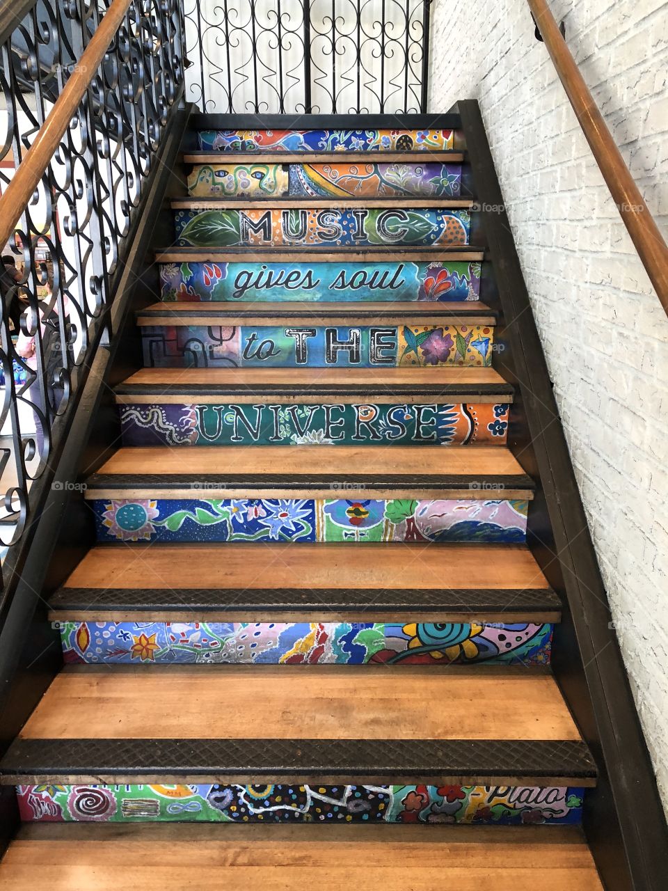 Staircase Mural. Music gives soul to the universe. Colorful art. 